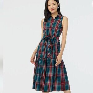 J.Crew Factory Womens Sleeveless Tartan Shirt-Dress Holiday Red Plaid Belted Sz0